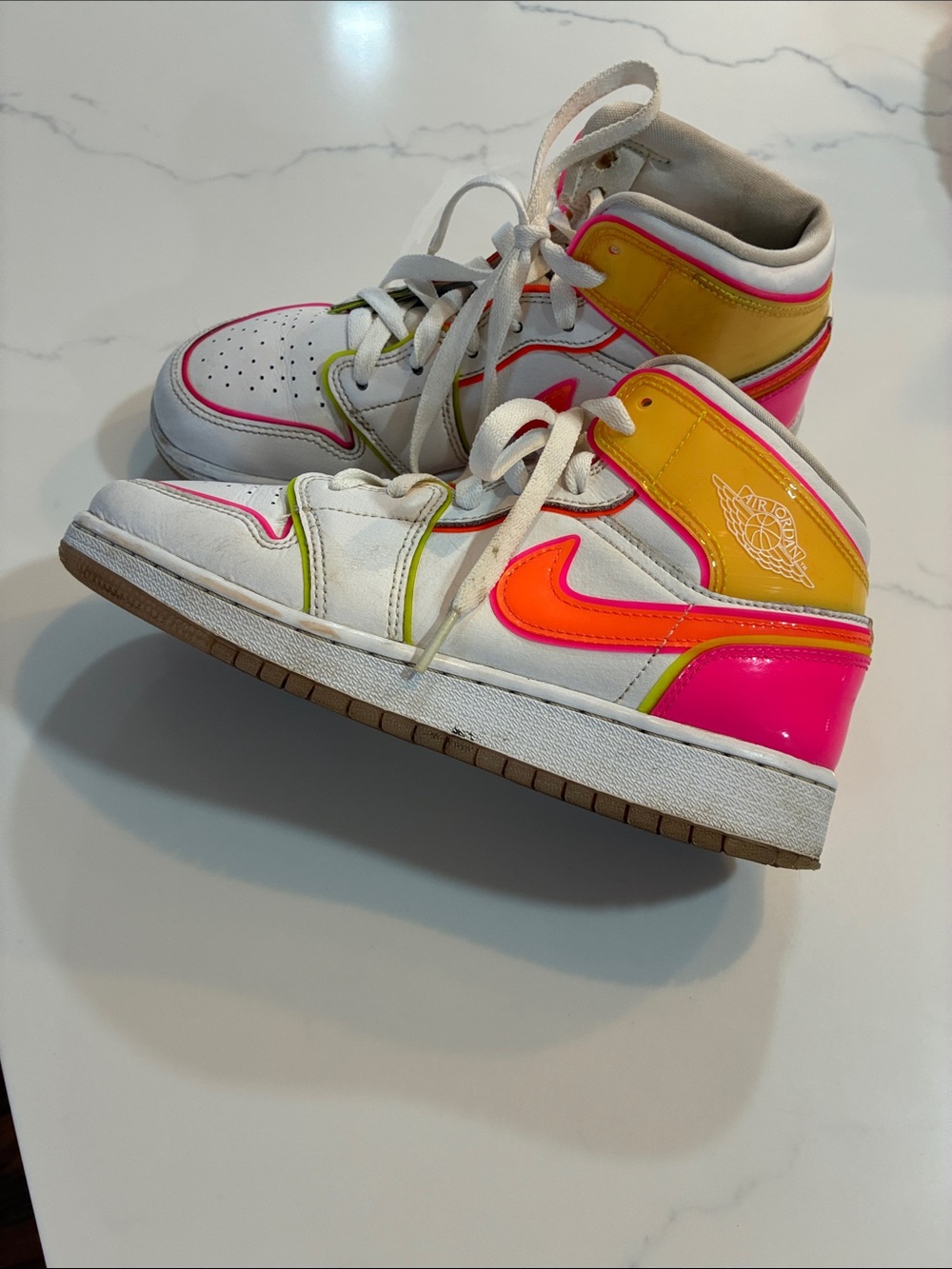 Nike Kids High-Top Sneakers in White with Pink, Yellow & Neon Orange Accents